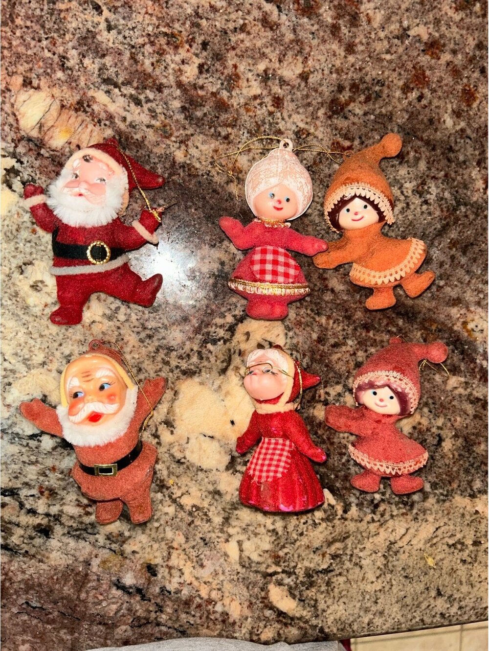 Vintage Flocked Christmas Ornaments Lot of 6 Santa Mrs Claus Elf Holiday Decor
